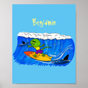 Funny frilled Halslizard Surfing Cartoon Poster