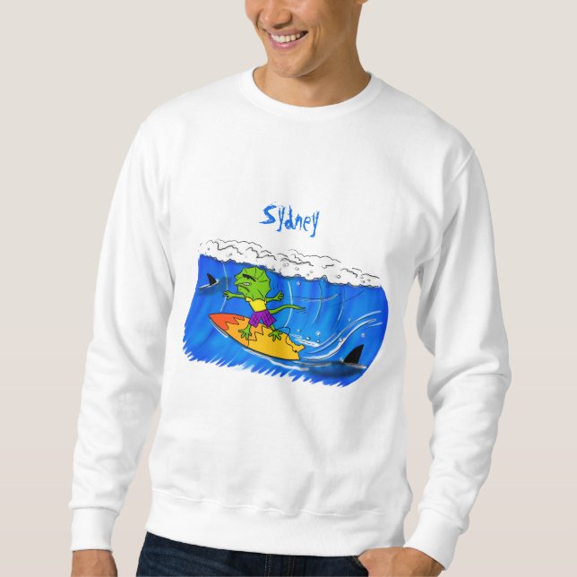 Funny frilled Halslizard Surfing Cartoon Sweatshirt (Vorderseite)