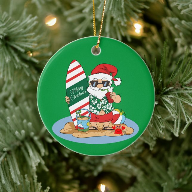 Funny FroChristmas Weihnachten auf Summer Surf Bea Keramik Ornament (Baum)