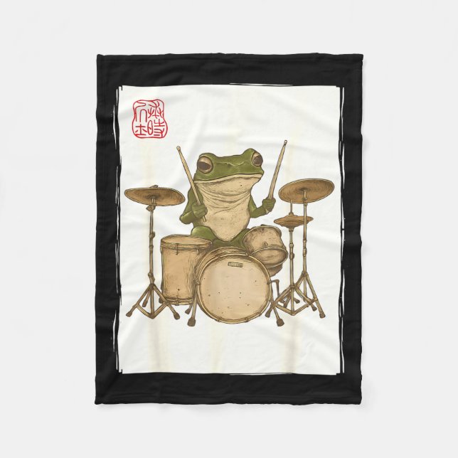 Funny Frog Drum Rock Music Kawaii Japanese  Fleecedecke (Vorderseite)