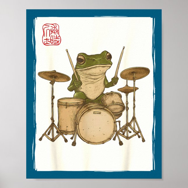 Funny Frog Drum Rock Music Kawaii Japanese  Poster (Vorne)
