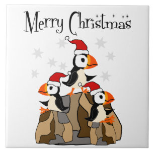 Funny Frohe Weihnachten Puffin Vögel und Schnee Fliese