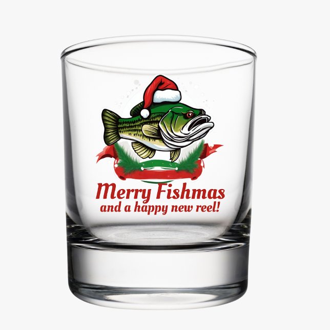 Funny frohe Weihnachtsfischerei Santa Fish Whiskyglas (Merry Fishmas Whiskey Bass Fishing Glass for Anglers)