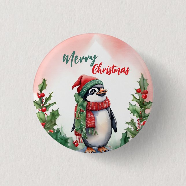 Funny Frohe Weihnachtskranz Niedliche Pinguine Mee Button (Vorderseite)