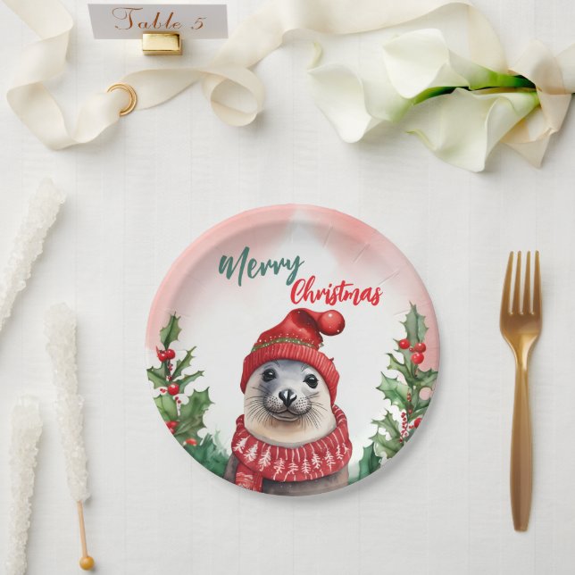 Funny Frohe Weihnachtskranz Niedliche Seelöwe Sieg Pappteller (Hochzeit)