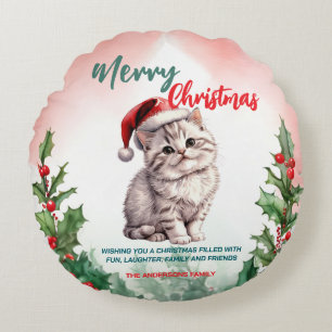 Funny Frohe Weihnachtsmann Niedlich Cat Kitten Rundes Kissen
