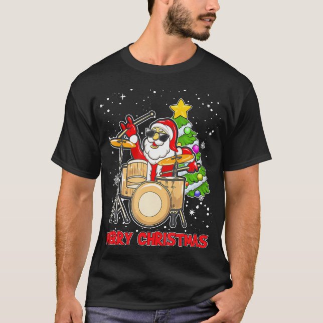 Funny Frohe Weihnachtstrommel und Weihnachtsmann D T-Shirt (Vorderseite)