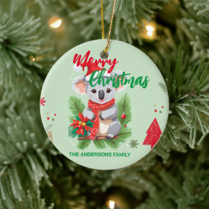Funny fröhliche Weihnachten Koala Santa Rot und Gr Keramik Ornament
