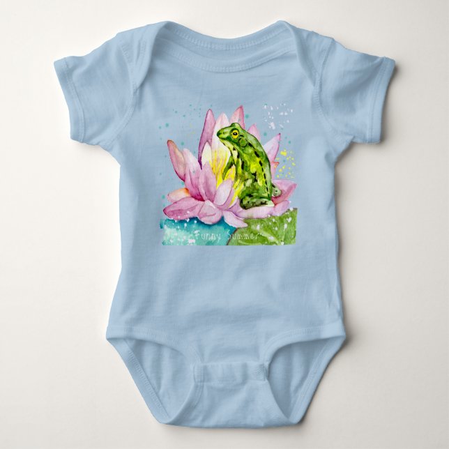 Funny Frosch auf einem Lotus Baby Strampler (Vorderseite)