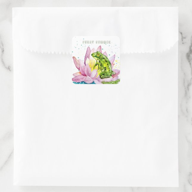 Funny Frosch auf einem Lotus Quadratischer Aufkleber (Tasche)