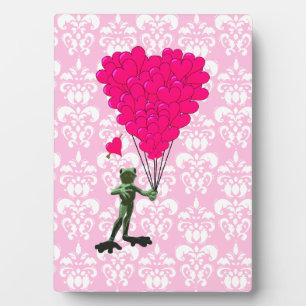 Funny Frosch Cartoon & rosa Herz auf Damast Fotoplatte