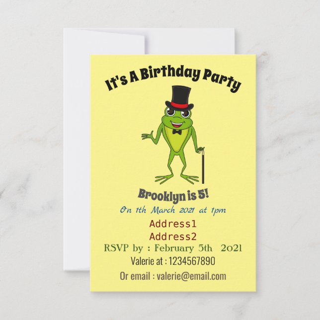 Funny Frosch mit Top-Hut-Cartoon Einladung (Vorderseite)