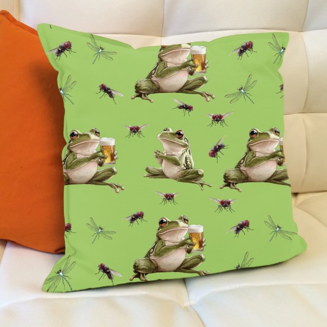 Funny Frosch und Dragonfly Light Green Pattern Kissen (Funny frogs, beer, flies and dragonflies in light green.)