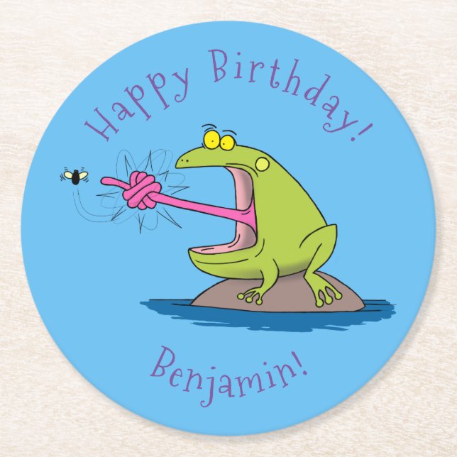Funny Frosch und Fliege Cartoon Runder Pappuntersetzer (Vorderseite)