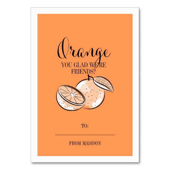 Funny Fruit Pun Orange Classroom Valentine Card Tischnummer (Vorderseite)