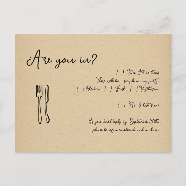 Funny & Fun Script Wedding RSVP Postcard - Kraft Einladungspostkarte (Vorderseite)