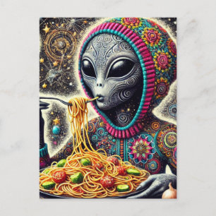 Funny Funky Alien Eating Spaghetti Postkarte