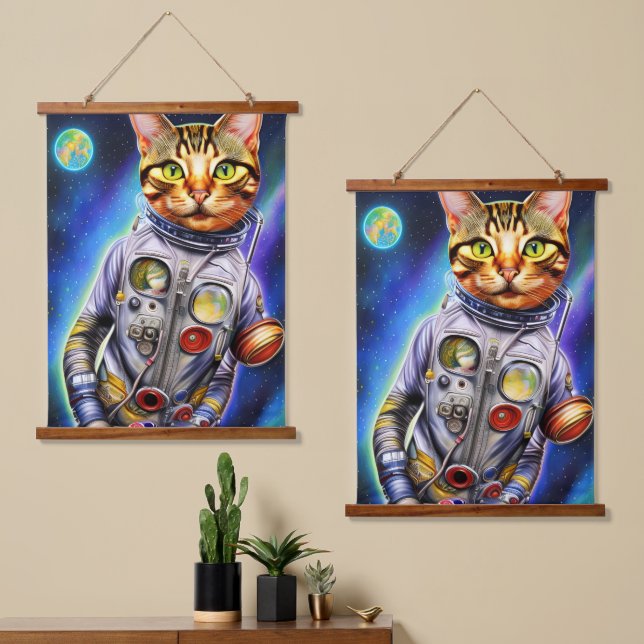 Funny Futuristic Astronaut Cat Wandteppich Mit Holzrahmen (Asymmetrisch)