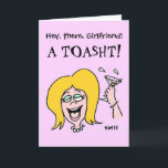 Funny Gal to Gal Cartoon Happy Birthday Karte<br><div class="desc">Celebrating hat Friend's Birthday at Cheerleader Club? Funny drinking birthday card is especially for one friend to give to her best gal pal on her Birthday. Perfekt when giving a gift bottle or 6 Pack... Nun,  Before Heading out for a celebratory night on the town!</div>