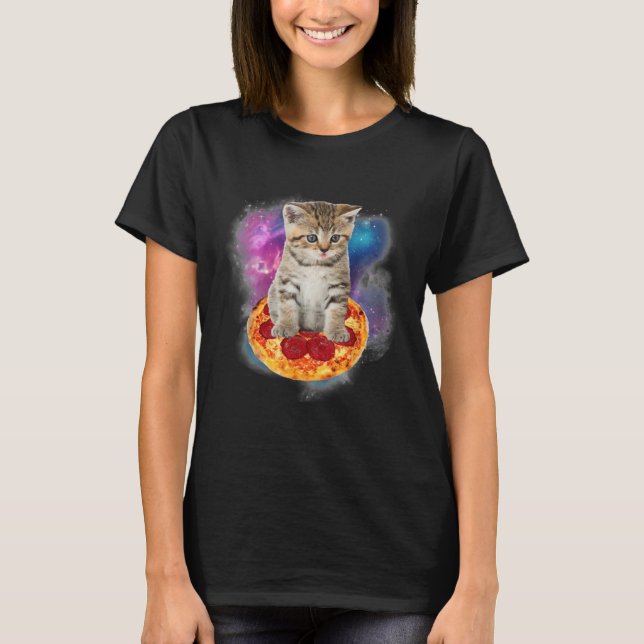 Funny Galaxy Cat Space Cat Eat Pizza and Taco T-Shirt (Vorderseite)