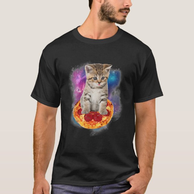 Funny Galaxy Cat Space Cat Eat Pizza und Taco Pull T-Shirt (Vorderseite)