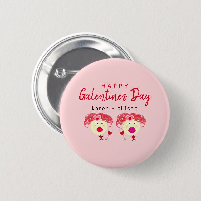 Funny Galentines Day Beste Freunde Rosa Name Button (Vorne & Hinten)