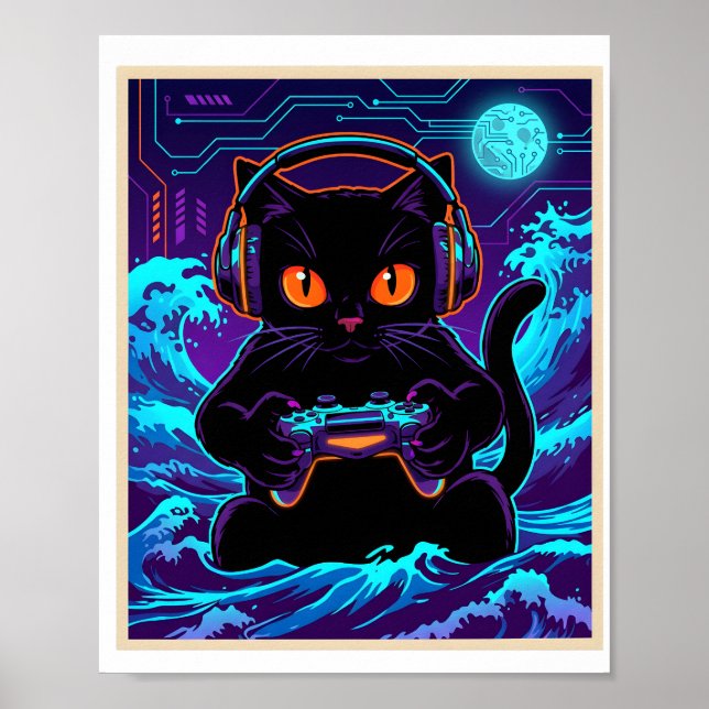 Funny Gamer Cat Neon Cyber Gaming Night Retro Art Poster (Vorne)