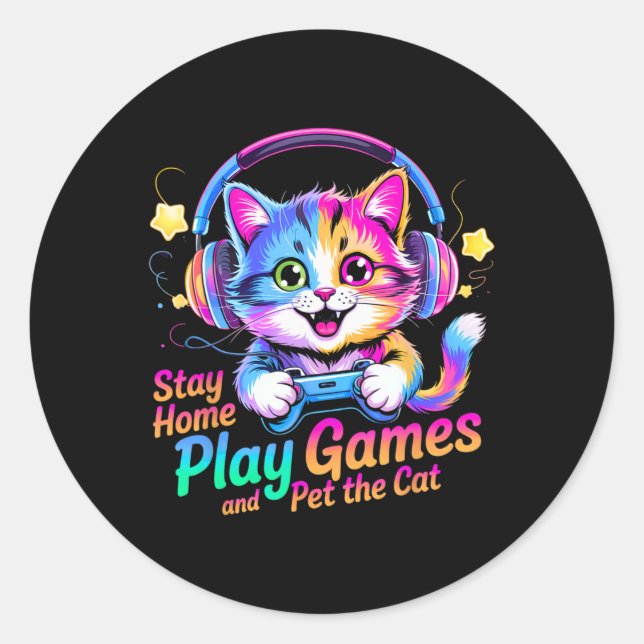 Funny Gamer Cat Stay Home1  Runder Aufkleber (Vorderseite)