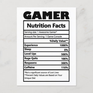 Funny Gamer Nutrition Facts Postcard Postkarte