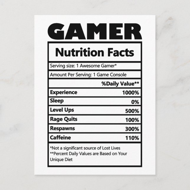 Funny Gamer Nutrition Facts Postcard Postkarte (Vorderseite)