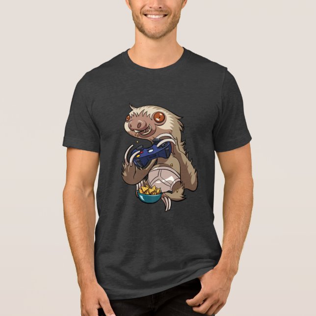 Funny Gamer Sloth Playing Console Games Cartoon Tri-Blend Shirt (Vorderseite)