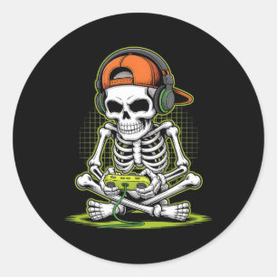 Funny Gaming Skeleton Halloween Skeleton Gamer Vid Runder Aufkleber