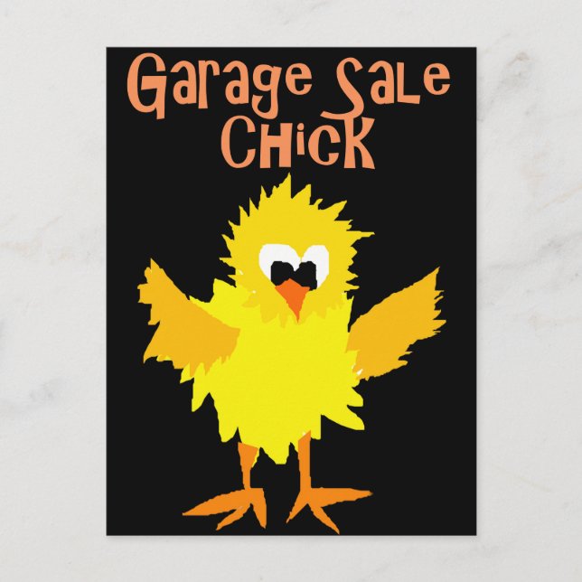 Funny Garage Sale Chick Cartoon Postkarte (Vorderseite)