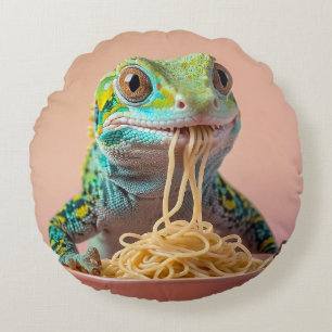Funny Gecko Eating Spaghetti Rundes Kissen