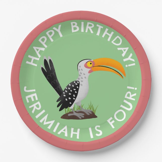 Funny gelb schnabeliger Hornbill personalisierter  Pappteller (Vorderseite)