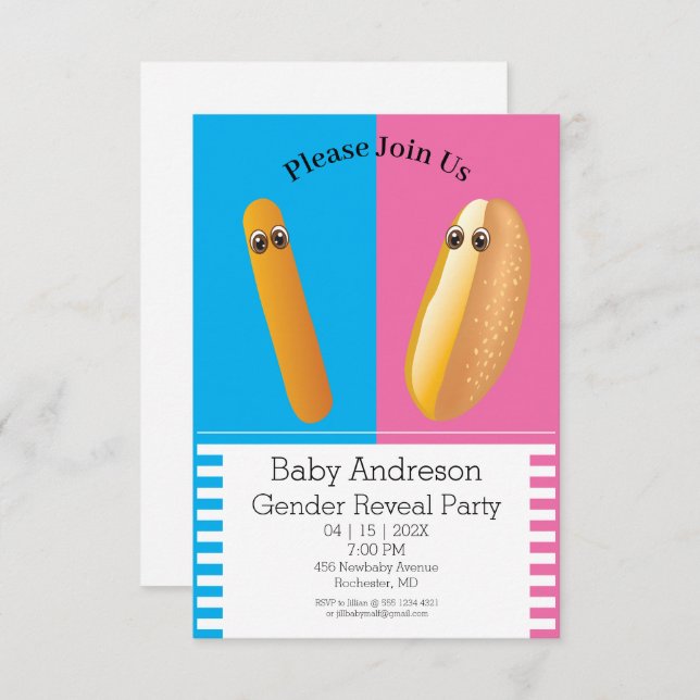 Funny Gender Reveal 🌭 Dancing Hot Dog Baby Shower Einladung (Vorne/Hinten)