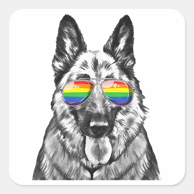 Funny German shepherd Dog Gay Pride Flag Sunglimpf Quadratischer Aufkleber (Vorderseite)