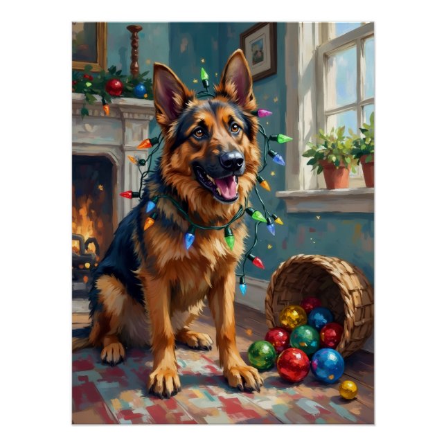 Funny German Shepherd Tangled in Christmas Lights Poster (Vorderseite)