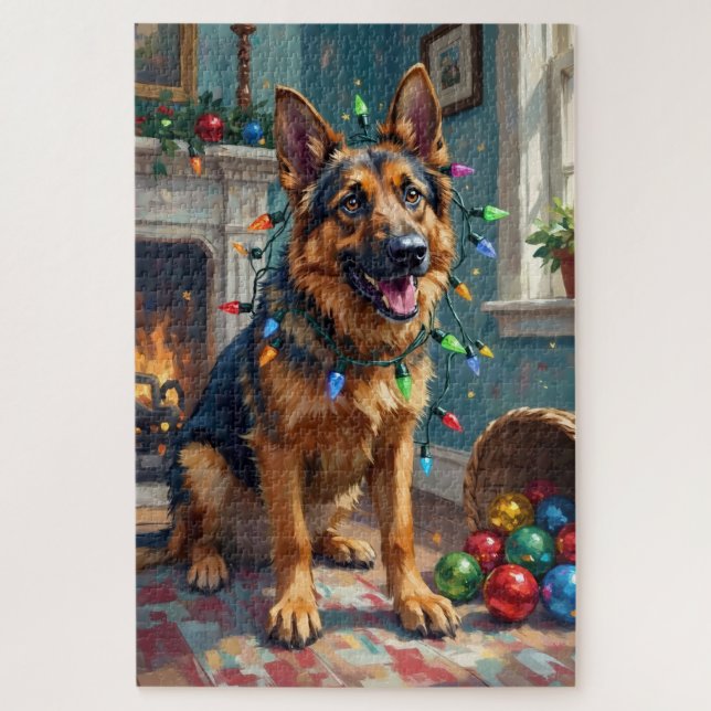 Funny German Shepherd Tangled in Christmas Lights Puzzle (Vertikal)