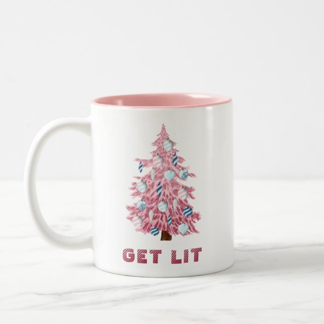 Funny Get Lit Pink Weihnachtsbaum Zweifarbige Tasse (Links)