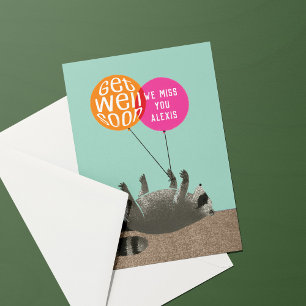 Funny Get Well Raccoon Balloons Karte