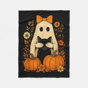 Funny Ghost Bow Holding Black Cat Fall Halloween Fleecedecke