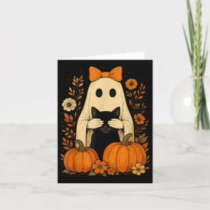 Funny Ghost Bow Holding Black Cat Fall Halloween Karte