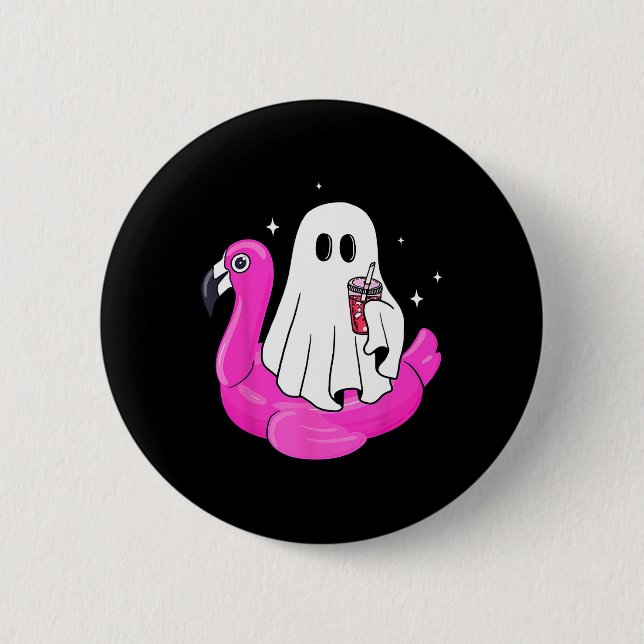 Funny Ghost Flamingo Float Pool Spooky Sommer Summ Button (Vorderseite)