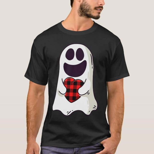 Funny Ghost Hugging Red Hearts Plaid buffalo Valen T-Shirt (Vorderseite)