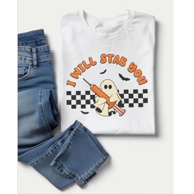 Funny Ghost Nurse I Will Stab You Halloween T-Shirt (Von Creator hochgeladen)