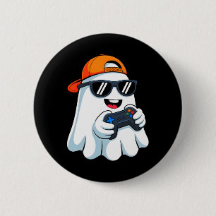 Funny Ghost Playing Video Game Halloween Gaming Bl Button