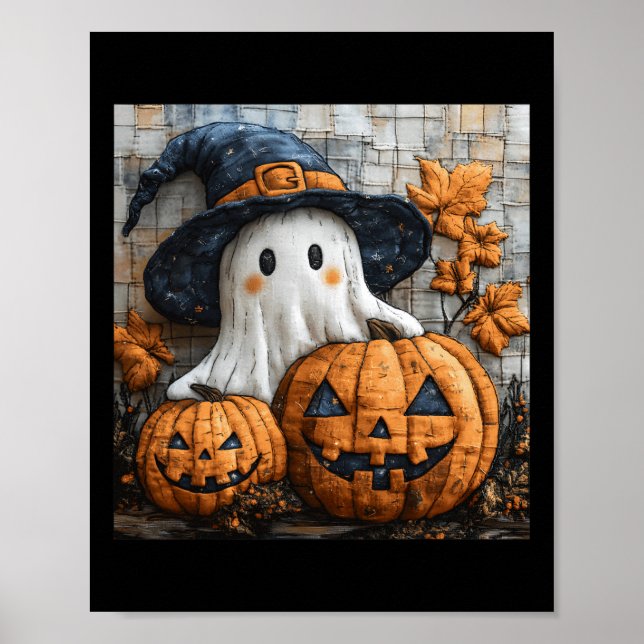 Funny Ghost Pumpkin Niedlich Halloween Patchwork A Poster (Vorne)