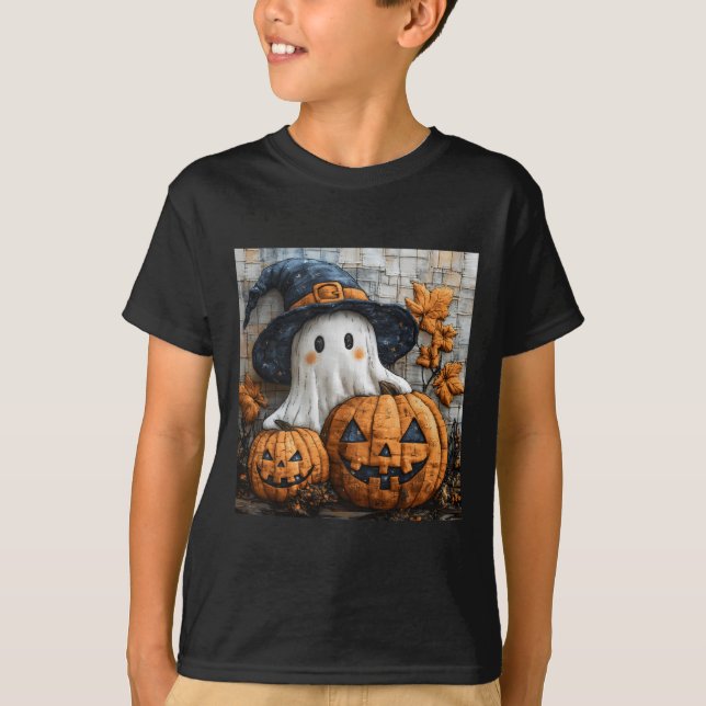 Funny Ghost Pumpkin Niedlich Halloween Patchwork A T-Shirt (Vorderseite)