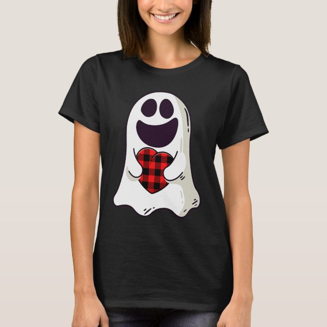 Funny Ghost umugging Red Hearts Karierter Büffel V T-Shirt (Vorderseite)